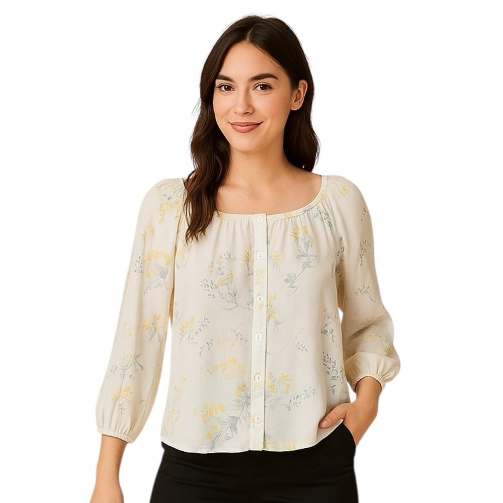 Lucky Brand Medium Square Floral Boho Blouse Neck Elbow Length Sleeves